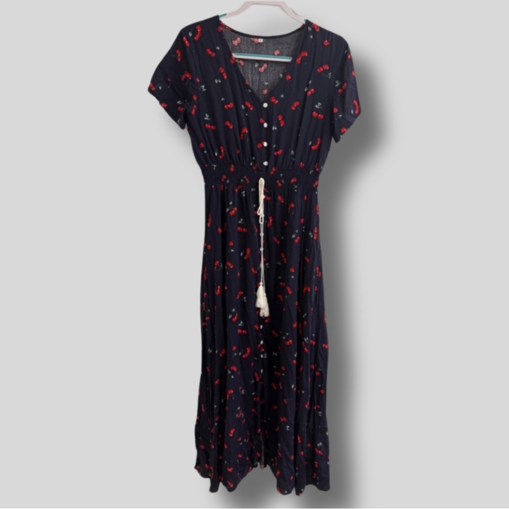 Navy Maxi Dress with Red Cherry Floral Print and Front Tassel